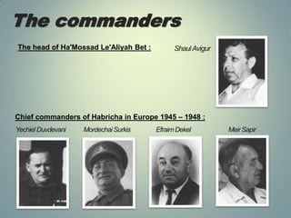 The commanders
The head of Ha'Mossad Le'Aliyah Bet :

Chief commanders of Habricha in Europe 1945 – 1948 :

 
