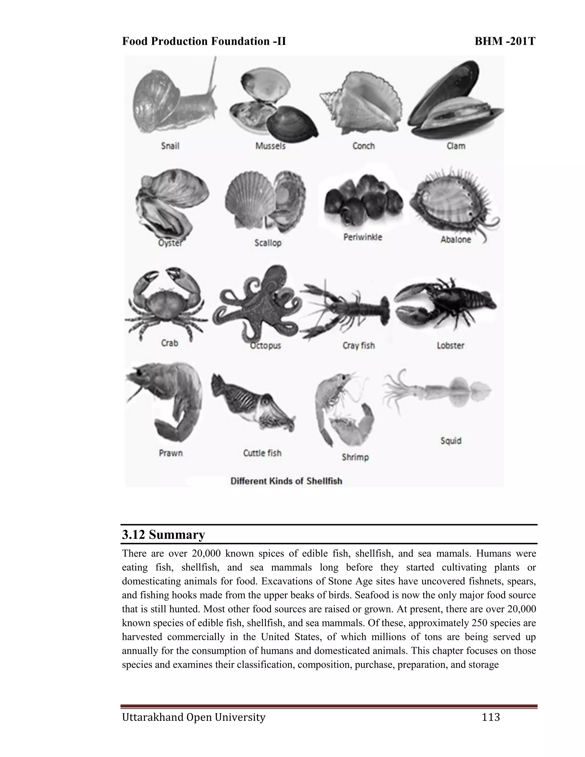 Food Production Foundation -II BHM -201T
Uttarakhand Open University 113
3.12 Summary
There are over 20,000 known spices of edible fish, shellfish, and sea mamals. Humans were
eating fish, shellfish, and sea mammals long before they started cultivating plants or
domesticating animals for food. Excavations of Stone Age sites have uncovered fishnets, spears,
and fishing hooks made from the upper beaks of birds. Seafood is now the only major food source
that is still hunted. Most other food sources are raised or grown. At present, there are over 20,000
known species of edible fish, shellfish, and sea mammals. Of these, approximately 250 species are
harvested commercially in the United States, of which millions of tons are being served up
annually for the consumption of humans and domesticated animals. This chapter focuses on those
species and examines their classification, composition, purchase, preparation, and storage
 