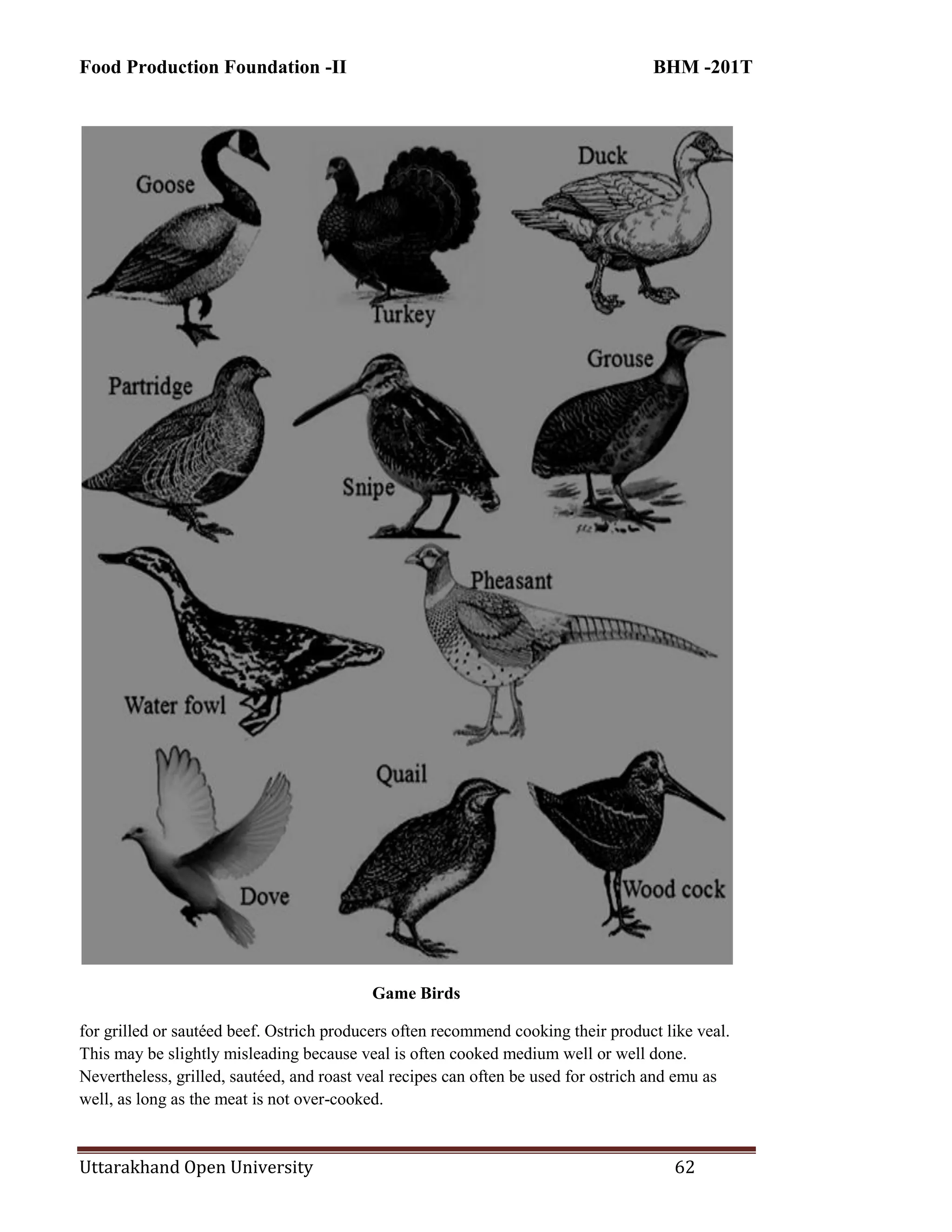 Food Production Foundation -II BHM -201T
Uttarakhand Open University 62
Game Birds
for grilled or sautéed beef. Ostrich producers often recommend cooking their product like veal.
This may be slightly misleading because veal is often cooked medium well or well done.
Nevertheless, grilled, sautéed, and roast veal recipes can often be used for ostrich and emu as
well, as long as the meat is not over-cooked.
 