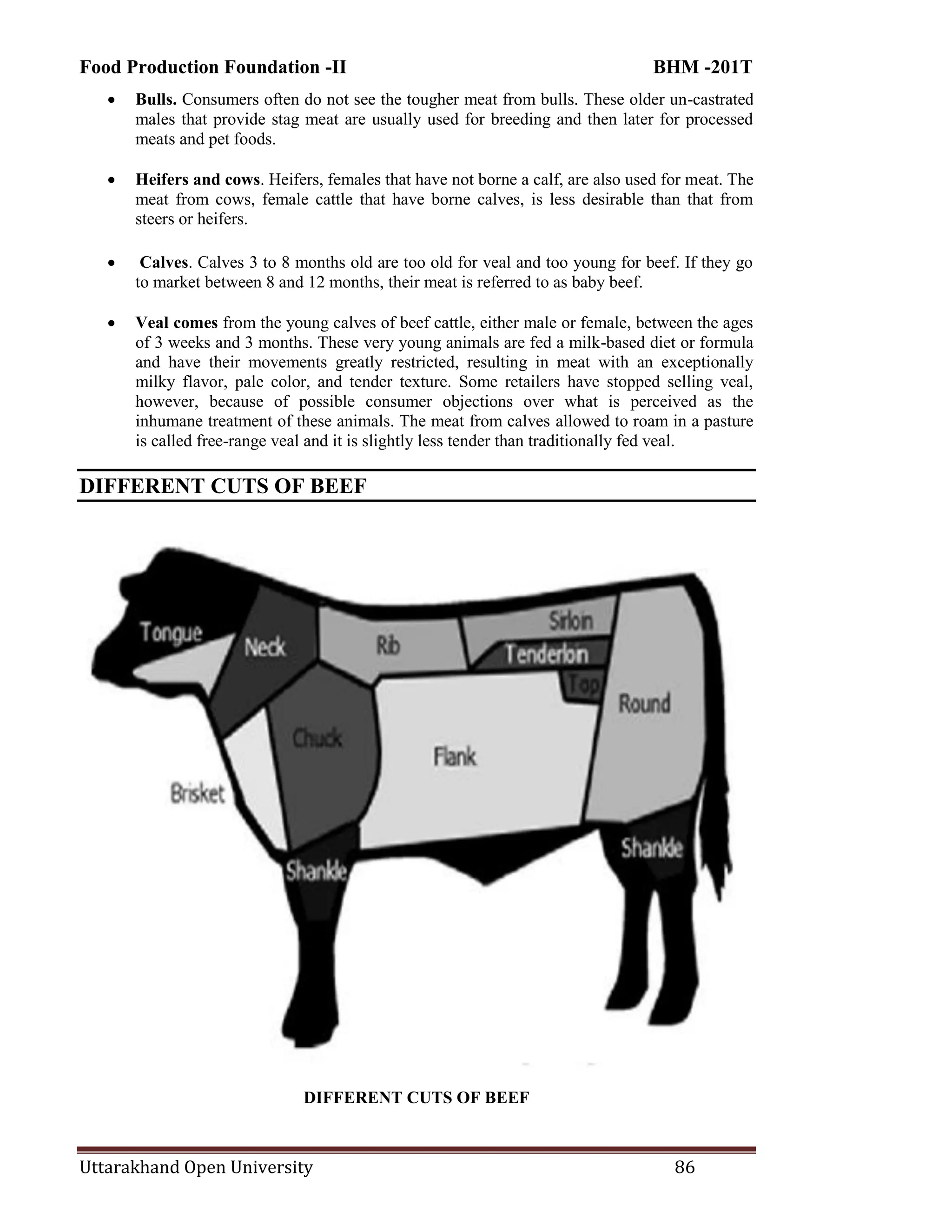 Food Production Foundation -II BHM -201T
Uttarakhand Open University 86
 Bulls. Consumers often do not see the tougher meat from bulls. These older un-castrated
males that provide stag meat are usually used for breeding and then later for processed
meats and pet foods.
 Heifers and cows. Heifers, females that have not borne a calf, are also used for meat. The
meat from cows, female cattle that have borne calves, is less desirable than that from
steers or heifers.
 Calves. Calves 3 to 8 months old are too old for veal and too young for beef. If they go
to market between 8 and 12 months, their meat is referred to as baby beef.
 Veal comes from the young calves of beef cattle, either male or female, between the ages
of 3 weeks and 3 months. These very young animals are fed a milk-based diet or formula
and have their movements greatly restricted, resulting in meat with an exceptionally
milky flavor, pale color, and tender texture. Some retailers have stopped selling veal,
however, because of possible consumer objections over what is perceived as the
inhumane treatment of these animals. The meat from calves allowed to roam in a pasture
is called free-range veal and it is slightly less tender than traditionally fed veal.
DIFFERENT CUTS OF BEEF
DIFFERENT CUTS OF BEEF
 