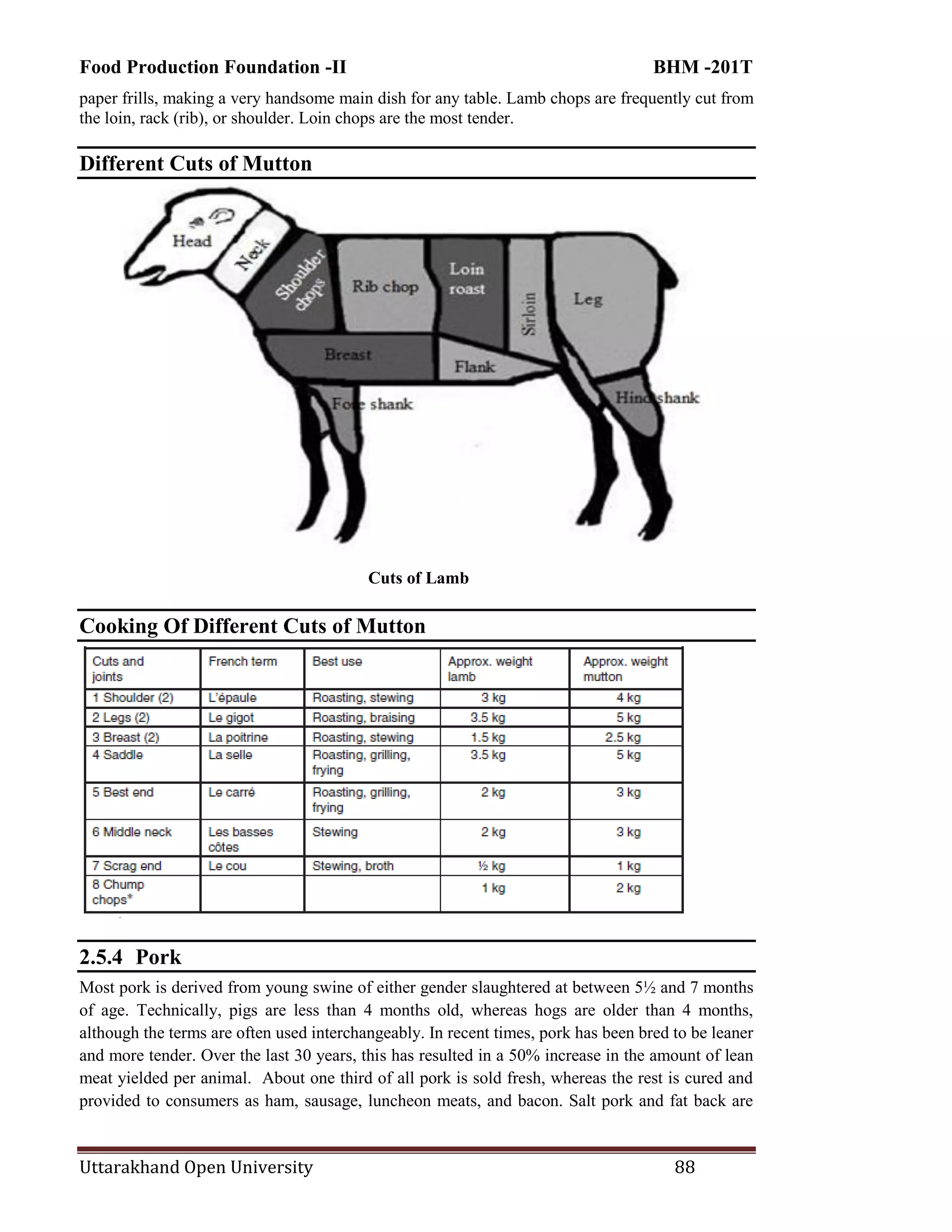 Food Production Foundation -II BHM -201T
Uttarakhand Open University 88
paper frills, making a very handsome main dish for any table. Lamb chops are frequently cut from
the loin, rack (rib), or shoulder. Loin chops are the most tender.
Different Cuts of Mutton
Cuts of Lamb
Cooking Of Different Cuts of Mutton
2.5.4 Pork
Most pork is derived from young swine of either gender slaughtered at between 5½ and 7 months
of age. Technically, pigs are less than 4 months old, whereas hogs are older than 4 months,
although the terms are often used interchangeably. In recent times, pork has been bred to be leaner
and more tender. Over the last 30 years, this has resulted in a 50% increase in the amount of lean
meat yielded per animal. About one third of all pork is sold fresh, whereas the rest is cured and
provided to consumers as ham, sausage, luncheon meats, and bacon. Salt pork and fat back are
 