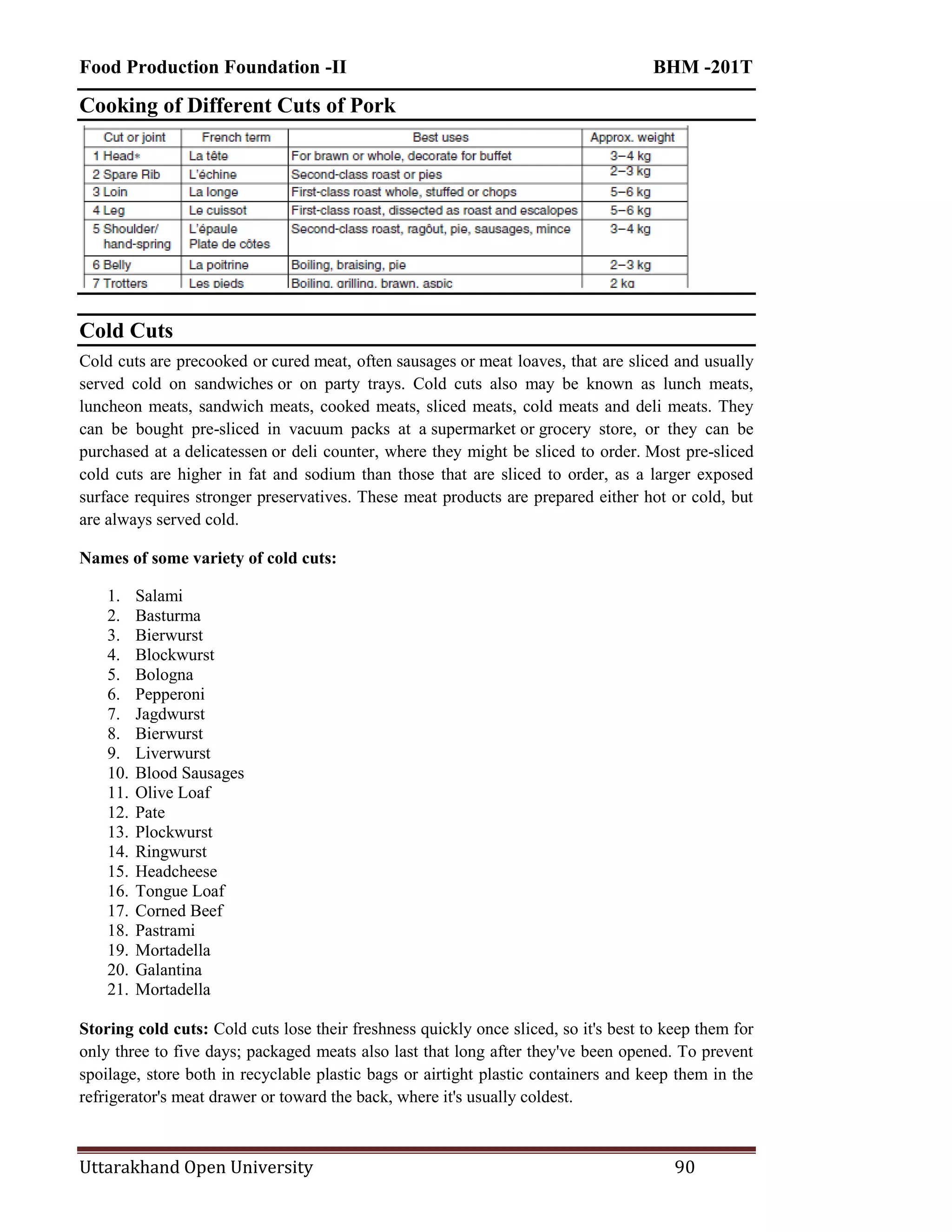 Food Production Foundation -II BHM -201T
Uttarakhand Open University 90
Cooking of Different Cuts of Pork
Cold Cuts
Cold cuts are precooked or cured meat, often sausages or meat loaves, that are sliced and usually
served cold on sandwiches or on party trays. Cold cuts also may be known as lunch meats,
luncheon meats, sandwich meats, cooked meats, sliced meats, cold meats and deli meats. They
can be bought pre-sliced in vacuum packs at a supermarket or grocery store, or they can be
purchased at a delicatessen or deli counter, where they might be sliced to order. Most pre-sliced
cold cuts are higher in fat and sodium than those that are sliced to order, as a larger exposed
surface requires stronger preservatives. These meat products are prepared either hot or cold, but
are always served cold.
Names of some variety of cold cuts:
1. Salami
2. Basturma
3. Bierwurst
4. Blockwurst
5. Bologna
6. Pepperoni
7. Jagdwurst
8. Bierwurst
9. Liverwurst
10. Blood Sausages
11. Olive Loaf
12. Pate
13. Plockwurst
14. Ringwurst
15. Headcheese
16. Tongue Loaf
17. Corned Beef
18. Pastrami
19. Mortadella
20. Galantina
21. Mortadella
Storing cold cuts: Cold cuts lose their freshness quickly once sliced, so it's best to keep them for
only three to five days; packaged meats also last that long after they've been opened. To prevent
spoilage, store both in recyclable plastic bags or airtight plastic containers and keep them in the
refrigerator's meat drawer or toward the back, where it's usually coldest.
 