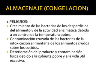 PRODUCCION (ALISTAMIENTO)2. CONTROLESÁreas separadas para la preparación (de acuerdo a la naturaleza)El colores separados para los utensilios.La limpieza y  desinfección frecuentes de todas las superficies  de trabajo.Evitación de la manipulación excesiva de alimentos de riesgo elevado.El alimento de riesgo elevado bebe mantenerse a la temperatura ambiente el menor tiempo que sea posible.Buenos estándares de la higiene personal y entrenamiento del personal.Limpieza, mantenimiento y chequeo de la estructura y del equipo para prevenir la contaminación.Uso seguro de productos químicos.