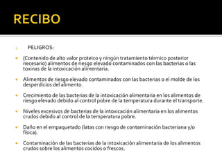 ALMACENAJE (CONGELACION)CONTROLES:Alimentos congelados a una temperatura menor de - 18oC. Alimentos de riesgo elevado almacenados por separado de los alimentos crudos.Todos los alimentos almacenados en envases cubiertos o envueltos.Todos los alimentos deben tener fechas de vencimiento y rotulación (alimentos congelados que no superen tres meses de estadía en el congelador).En ningún caso sobrecargar  el congelador.Limpieza y esterilización eficaces de congeladores con particular atención a las manijas y a las parrillasDescongelación eficaz de congeladores.Mantenimiento regular y mantenimiento  periódico de congeladores