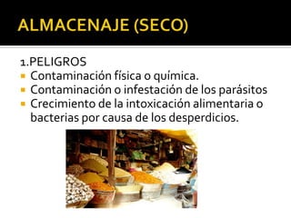 COCINA2.	CONTROLES:Separación de crudo y de alimento cocido.Uso de utensilios limpios y desinfectados.Tener el alimento en lo posible tapado o empaquetado.Condición y  mantenimiento adecuado de equipos y  utensilios.Formación  permanente del personal.Higiene personal del personal