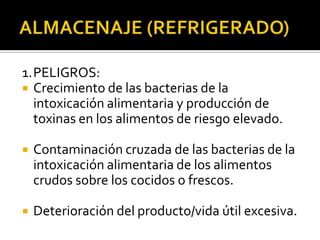ALMACENAJE (SECO)2.	CONTROLESTodos los alimentos están almacenados y cubiertos.Las mercancías secas una vez abiertas fueron almacenadas herméticamente, envases a prueba de parásitos.Tener en cuenta las fechas de vencimiento antes de sacarlos de su  empaquetado original.El sitio de almacenaje se  mantendrá limpio, fresco, seco, bien - ventilado y bien iluminado.Los alimentos que superen la fecha de vencimiento deberán ser desechados.Ningunos productos químicos estarán almacenados en almacenes de alimento.Impermeabilización del almacén de mercancías secas