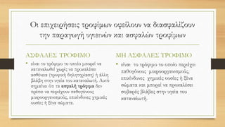 Οι επιχειρήσεις τροφίμων οφείλουν να διασφαλίζουν
την παραγωγή υγιεινών και ασφαλών τροφίμων
ΑΣΦΑΛΕΣ ΤΡΟΦΙΜΟ
• είναι το τρόφιμο το οποίο μπορεί να
καταναλωθεί χωρίς να προκαλέσει
ασθένεια (τροφική δηλητηρίαση) ή άλλη
βλάβη στην υγεία του καταναλωτή. Αυτό
σημαίνει ότι τα ασφαλή τρόφιμα δεν
πρέπει να περιέχουν παθογόνους
μικροοργανισμούς, επικίνδυνες χημικές
ουσίες ή ξένα σώματα.
ΜΗ ΑΣΦΑΛΕΣ ΤΡΟΦΙΜΟ
• είναι το τρόφιμο το οποίο περιέχει
παθογόνους μικροοργανισμούς,
επικίνδυνες χημικές ουσίες ή ξένα
σώματα και μπορεί να προκαλέσει
σοβαρές βλάβες στην υγεία του
καταναλωτή.
 