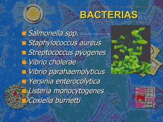 BACTERIAS <ul><li>Salmonella spp. </li></ul><ul><li>Staphylococcus aureus </li></ul><ul><li>Streptococcus pyogenes </li></...