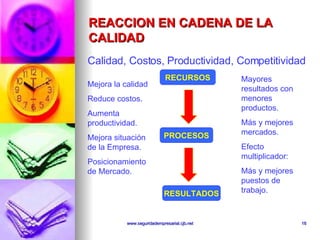 REACCION EN CADENA DE LA CALIDAD Calidad, Costos, Productividad, Competitividad RECURSOS PROCESOS RESULTADOS Mejora la calidad Reduce costos. Aumenta productividad. Mejora situación de la Empresa. Posicionamiento de Mercado. Mayores resultados con menores productos. Más y mejores mercados. Efecto multiplicador: Más y mejores puestos de trabajo. 