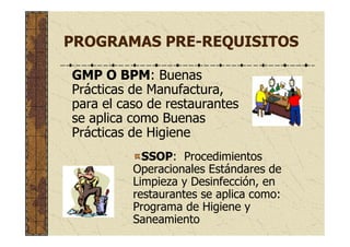 PROGRAMAS PRE-REQUISITOS
GMP O BPM: Buenas
Prácticas de Manufactura,
para el caso de restaurantes
se aplica como Buenas
Prácticas de Higiene
SSOP: Procedimientos
Operacionales Estándares de
Limpieza y Desinfección, en
restaurantes se aplica como:
Programa de Higiene y
Saneamiento
 