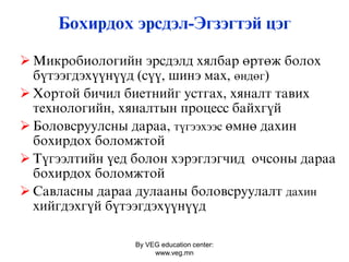 By VEG education center:
www.veg.mn
Бохирдох эрсдэл-Эгзэгтэй цэг
 Ìèêðîáèîëîãèéí ýðñäýëä õÿëáàð ºðòºæ áîëîõ
á¿òýýãäýõ¿¿í¿¿ä (ñ¿¿, øèíý ìàõ, өндөг)
 Õîðòîé áèчèë áèåòíèéã óñòãàõ, õÿíàëò òàâèõ
òåõíîëîãèéí, õÿíàëòûí ïðîöåññ áàéõã¿é
 Áîëîâñðóóëñíû äàðàà, түгээхээс ºìíº äàõèí
áîõèðäîõ áîëîìæòîé
 Ò¿ãýýëòèéí ¿åä áîëîн õýðýãëýãчèä îчñîíû äàðàà
áîõèðäîõ áîëîìæòîé
 Сàâëàñíû äàðàà äóëààíû áîëîâñðóóëàëò дахин
õèéãäýõã¿é á¿òýýãäýõ¿¿í¿¿ä
 