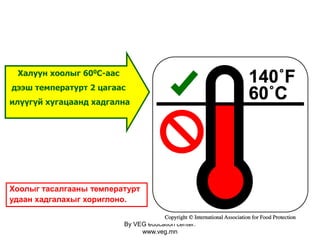 By VEG education center:
www.veg.mn
Халуун хоолыг 600С-аас
дээш температурт 2 цагаас
илүүгүй хугацаанд хадгална
Хоолыг тасалгааны температурт
удаан хадгалахыг хориглоно.
 