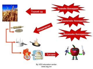 By VEG education center:
www.veg.mn
Түүхий эд
Түгээлт
Химийн бохирдол
Биологийн бохирдол
Физикийн бохирдол
 