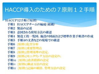 ＨＡＣＣＰ１２手順（７原則）
手順１ ＨＡＣＣＰチームの編成（組織）
手順２ 製品の記述
手順３ 意図される使用方法の確認
手順４ 製造工程一覧図、施設の図面および標準作業手順書の作成
手順５ 手順４の文書などの現場での確認
手順６ (原則1)危害分析
手順７ (原則2)重要管理点
手順８ (原則3)管理基準の設定。
手順９ (原則4)モニタリング方法の設定の。
手順10 (原則5)改善措置の設定
手順11 (原則6)検証方法の設定
手順12 (原則7)記録の維持、管理方法の設定
HACCP導入のための７原則１２手順
 