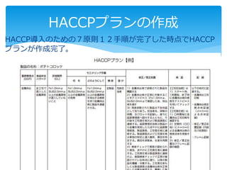HACCPプランの作成
HACCP導入のための７原則１２手順が完了した時点でHACCP
プランが作成完了。
 