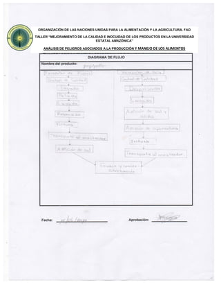ORGANIZACIÓN DE LAS NACIONES UNIDAS PARA LA ALIMENTACIÓN Y LA AGRICULTURA. FAO
TALLER “MEJORAMIENTO DE LA CALIDAD E INOCUIDAD DE LOS PRODUCTOS EN LA UNIVERSIDAD
ESTATAL AMAZÓNICA”
ANÁLISIS DE PELIGROS ASOCIADOS A LA PRODUCCIÓN Y MANEJO DE LOS ALIMENTOS
 