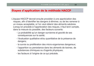 Étapes d'application de la méthode HACCP
L’équipe HACCP devrait ensuite procéder à une appréciation des
risques, afin d’identifier les dangers à éliminer, ou de les ramener à
un niveau acceptable, si l’on veut obtenir des aliments salubres.
Lorsqu’on procède à l’appréciation des risques, il faut tenir compte,
dans la mesure du possible, des facteurs suivants:
• La probabilité qu’un danger survienne et gravité de ses
conséquences sur la santé;
• l’évaluation qualitative et/ou quantitative de la présence de
dangers;
• la survie ou prolifération des micro-organismes dangereux;
• l’apparition ou persistance dans les aliments de toxines, de
substances chimiques ou d’agents physiques;
• les facteurs à l’origine de ce qui précède.
15Pr A.HASIB, Cours HACCP 2017, EST_Agro 2
 