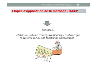 Principe 7:
Etablir un système d'enregistrements qui confirme que
le système H.A.C.C.P. fonctionne efficacement
Étapes d'application de la méthode HACCP
Pr A.HASIB, Cours HACCP 2017, EST_Agro 2 28
 