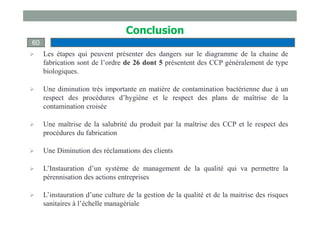  Les étapes qui peuvent présenter des dangers sur le diagramme de la chaine de
fabrication sont de l’ordre de 26 dont 5 présentent des CCP généralement de type
biologiques.
 Une diminution très importante en matière de contamination bactérienne due à un
respect des procédures d’hygiène et le respect des plans de maîtrise de la
contamination croisée
 Une maîtrise de la salubrité du produit par la maîtrise des CCP et le respect des
procédures du fabrication
 Une Diminution des réclamations des clients
 L’Instauration d’un système de management de la qualité qui va permettre la
pérennisation des actions entreprises
 L’instauration d’une culture de la gestion de la qualité et de la maitrise des risques
sanitaires à l’échelle managériale
60
Conclusion
 