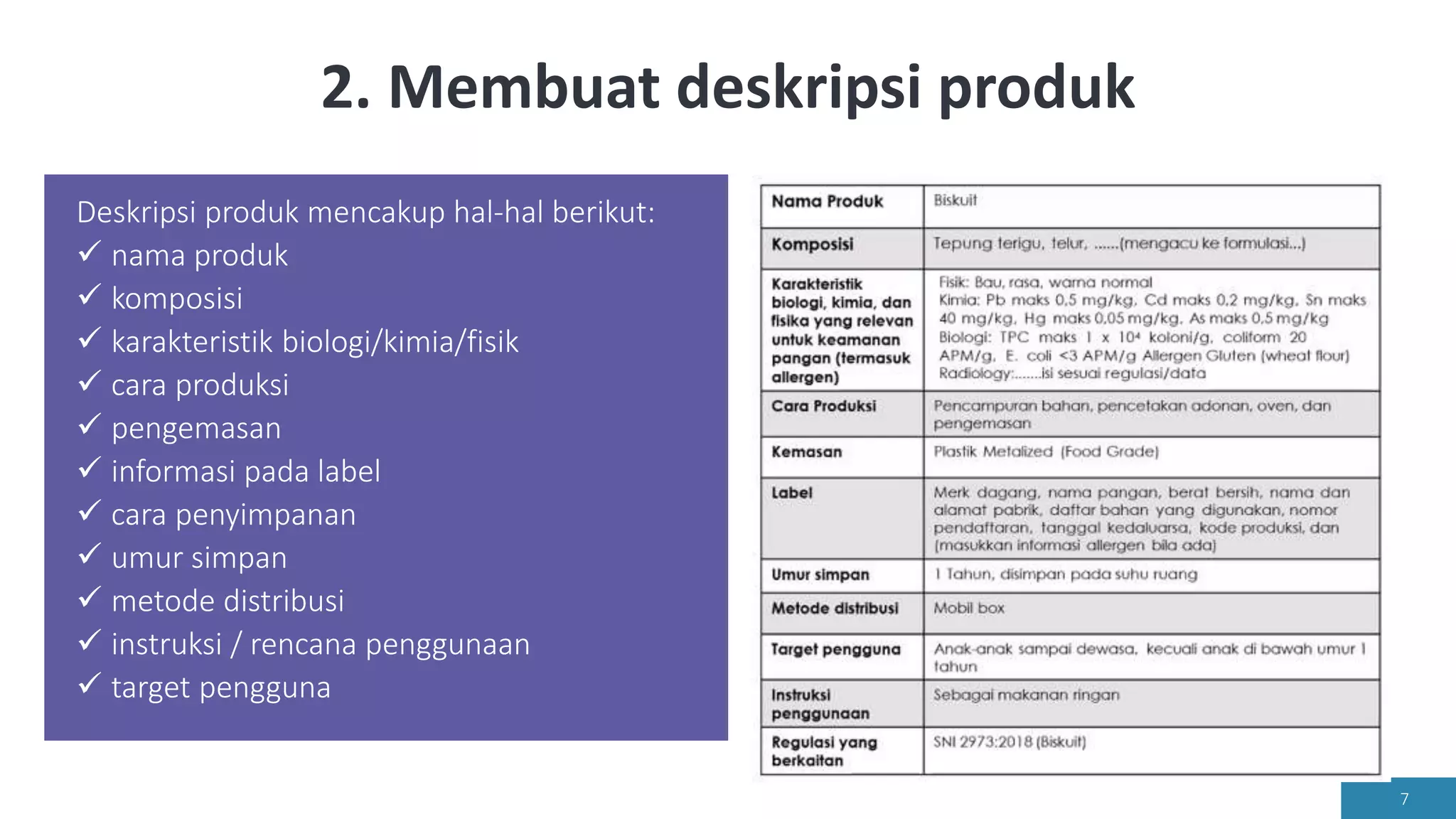 2. Membuat deskripsi produk
Deskripsi produk mencakup hal-hal berikut:
 nama produk
 komposisi
 karakteristik biologi/kimia/fisik
 cara produksi
 pengemasan
 informasi pada label
 cara penyimpanan
 umur simpan
 metode distribusi
 instruksi / rencana penggunaan
 target pengguna
7
 