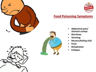 Food Poisoning Symptoms
• Abdominal pain/
stomach cramps
• Diarrhoea
• Vomiting
• Nausea (feeling sick)
• Fever
• Dehydration
• Collapse.
 