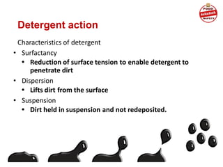 Detergent action
Characteristics of detergent
• Surfactancy
• Reduction of surface tension to enable detergent to
penetrate dirt
• Dispersion
• Lifts dirt from the surface
• Suspension
• Dirt held in suspension and not redeposited.
 