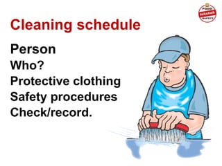 Cleaning schedule
Person
Who?
Protective clothing
Safety procedures
Check/record.
 