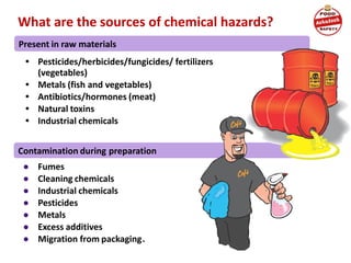 Contamination during preparation
Present in raw materials
What are the sources of chemical hazards?
• Pesticides/herbicides/fungicides/ fertilizers
(vegetables)
• Metals (fish and vegetables)
• Antibiotics/hormones (meat)
• Natural toxins
• Industrial chemicals
● Fumes
● Cleaning chemicals
● Industrial chemicals
● Pesticides
● Metals
● Excess additives
● Migration from packaging.
 