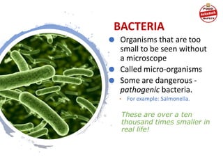 BACTERIA
⚫ Organisms that are too
small to be seen without
a microscope
⚫ Called micro-organisms
⚫ Some are dangerous -
pathogenic bacteria.
• For example: Salmonella.
These are over a ten
thousand times smaller in
real life!
 