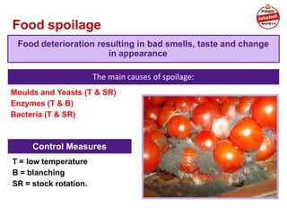 Control Measures
Food spoilage
The main causes of spoilage:
Moulds and Yeasts (T & SR)
Enzymes (T & B)
Bacteria (T & SR)
T = low temperature
B = blanching
SR = stock rotation.
Food deterioration resulting in bad smells, taste and change
in appearance
 