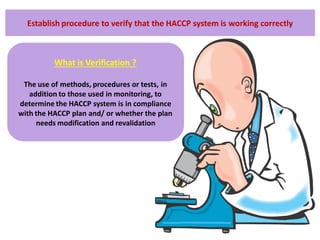 What is Verification ?
The use of methods, procedures or tests, in
addition to those used in monitoring, to
determine the HACCP system is in compliance
with the HACCP plan and/ or whether the plan
needs modification and revalidation
Establish procedure to verify that the HACCP system is working correctly
 