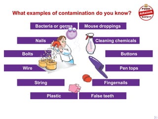 What examples of contamination do you know?
Bacteria or germs
Nails
Bolts
Wire
String
Plastic
Mouse droppings
Cleaning chemicals
Buttons
Pen tops
Fingernails
False teeth
 