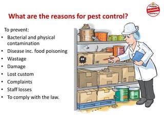 What are the reasons for pest control?
To prevent:
• Bacterial and physical
contamination
• Disease inc. food poisoning
• Wastage
• Damage
• Lost custom
• Complaints
• Staff losses
• To comply with the law.
 
