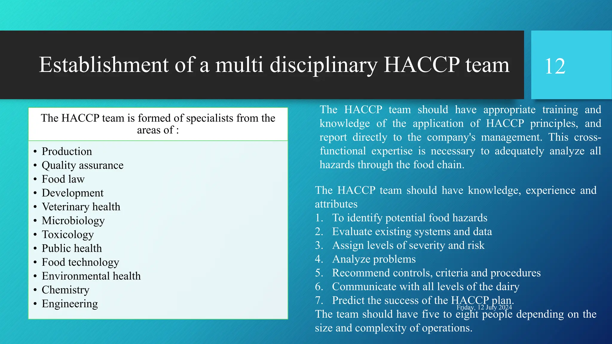 Establishment of a multi disciplinary HACCP team
The HACCP team is formed of specialists from the
areas of :
• Production
• Quality assurance
• Food law
• Development
• Veterinary health
• Microbiology
• Toxicology
• Public health
• Food technology
• Environmental health
• Chemistry
• Engineering Friday, 12 July 2024
12
The HACCP team should have appropriate training and
knowledge of the application of HACCP principles, and
report directly to the company's management. This cross-
functional expertise is necessary to adequately analyze all
hazards through the food chain.
The HACCP team should have knowledge, experience and
attributes
1. To identify potential food hazards
2. Evaluate existing systems and data
3. Assign levels of severity and risk
4. Analyze problems
5. Recommend controls, criteria and procedures
6. Communicate with all levels of the dairy
7. Predict the success of the HACCP plan.
The team should have five to eight people depending on the
size and complexity of operations.
 