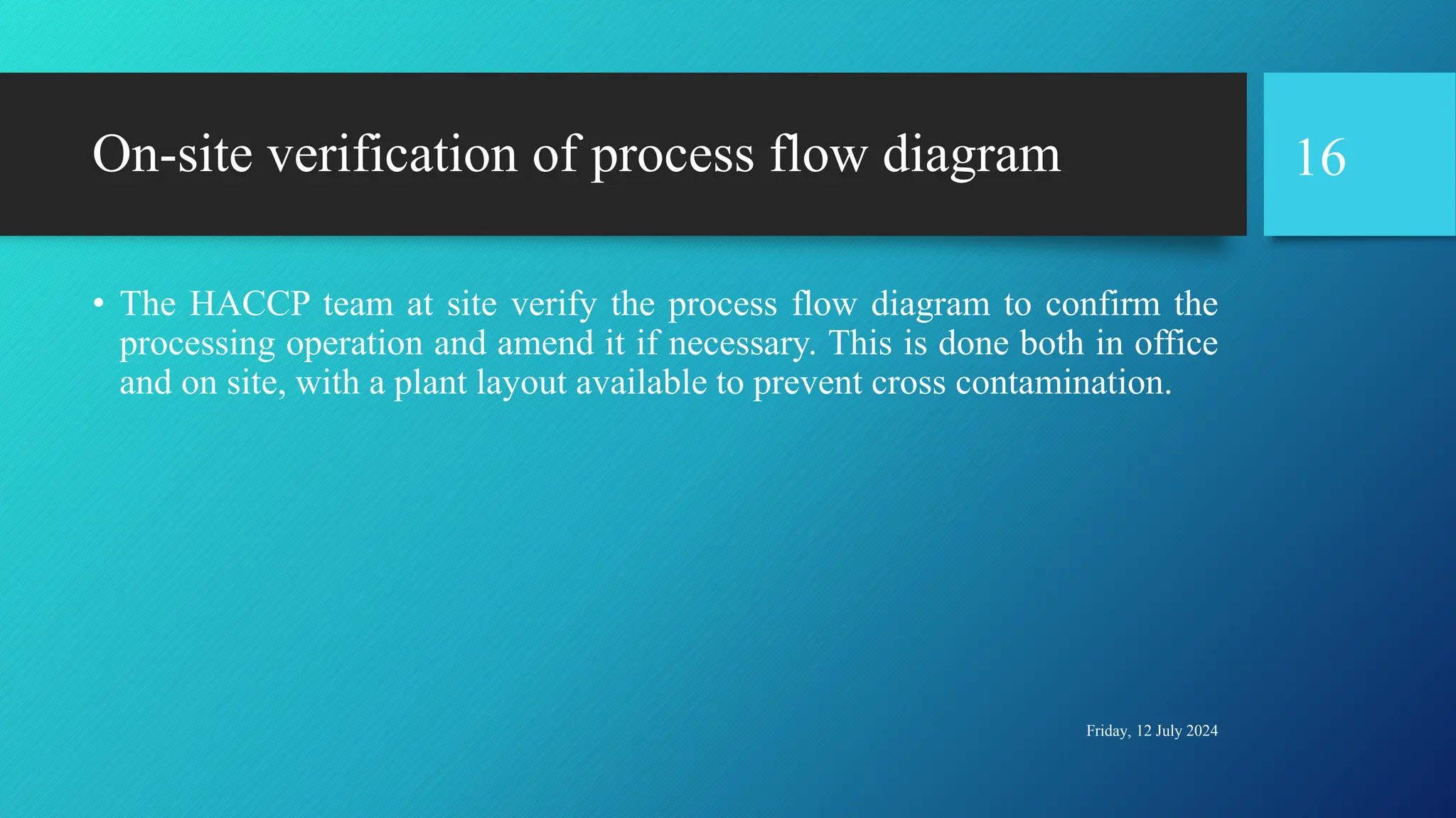 On-site verification of process flow diagram
• The HACCP team at site verify the process flow diagram to confirm the
processing operation and amend it if necessary. This is done both in office
and on site, with a plant layout available to prevent cross contamination.
Friday, 12 July 2024
16
 