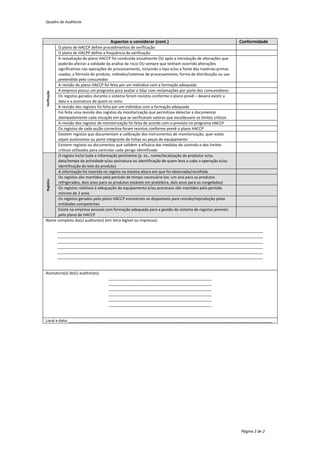 Quadro de Auditoria 



                               Aspectos a considerar (cont.)                                 Conformidade 
        O plano de HACCP define procedimentos de verificação                                               
        O plano de HACPP define a frequência da verificação                                                
        A reavaliação do plano HACCP foi conduzida anualmente OU após a introdução de alterações que       
        poderão afectar a validade da análise de risco OU sempre que tenham ocorrido alterações 
        significativas nas operações de processamento, incluindo o tipo e/ou a fonte das matérias‐primas 
        usadas, a fórmula do produto, métodos/sistemas de processamento, forma de distribuição ou uso 
        pretendido pelo consumidor 
        A revisão do plano HACCP foi feita por um indivíduo com a formação adequada                        
        A empresa possui um programa para avaliar e lidar com reclamações por parte dos consumidores       
Verificação 




        Os registos gerados durante o sistema foram revistos conforme o plano prevê – deverá existir a     
        data e a assinatura de quem os reviu 
        A revisão dos registos foi feita por um indivíduo com a formação adequada                          
        Foi feita uma revisão dos registos da monitorização que permitisse detectar e documentar           
        atempadamente cada situação em que se verificaram valores que excedessem os limites críticos 
        A revisão dos registos de monitorização foi feita de acordo com o previsto no programa HACCP       
        Os registos de cada acção correctiva foram revistos conforme prevê o plano HACCP                   
        Existem registos que documentam a calibração dos instrumentos de monitorização, quer estes         
        sejam autónomos ou parte integrante de linhas ou peças de equipamento 
        Existem registos ou documentos que validem a eficácia das medidas de controlo e dos limites        
        críticos utilizados para controlar cada perigo identificado 
        O registo inclui toda a informação pertinente (p. ex., nome/localização do produtor e/ou           
        data/tempo da actividade e/ou assinatura ou identificação de quem leva a cabo a operação e/ou 
        identificação do lote do produto) 
        A informação foi inserida no registo na mesma altura em que foi observada/recolhida                
        Os registos são mantidos pelo período de tempo necessário (ex: um ano para os produtos             
Registos 




        refrigerados, dois anos para os produtos estáveis em prateleira, dois anos para os congelados) 
        Os registos relativos à adequação do equipamento e/ou processos são mantidos pelo período          
        mínimo de 2 anos 
        Os registos gerados pelo plano HACCP encontram‐se disponíveis para revisão/reprodução pelas        
        entidades competentes 
        Existe na empresa pessoal com formação adequada para a gestão do sistema de registos previsto      
        pelo plano de HACCP 
Nome completo do(s) auditor(es) (em letra legível ou impresso): 
 
       ________________________________________________________________________________________________ 
       ________________________________________________________________________________________________ 
       ________________________________________________________________________________________________ 
       ________________________________________________________________________________________________ 
       ________________________________________________________________________________________________ 
       ________________________________________________________________________________________________ 
 
 
Assinatura(s) do(s) auditor(es): 
                                       ________________________________________________ 
                                       ________________________________________________ 
                                       ________________________________________________ 
                                       ________________________________________________ 
                                       ________________________________________________ 
                                       ________________________________________________ 
                                                                      
                                                                      
Local e data: _______________________________________________________________________________________________ 
 
 
 
 
 




                                                                                              Página 2 de 2 
 
