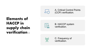 Elements of
HACCP in
supply chain
verification :
A. Critical Control Points
(CCP) verification.
B. HACCP system
verification.
C. Frequency of
verification.
 