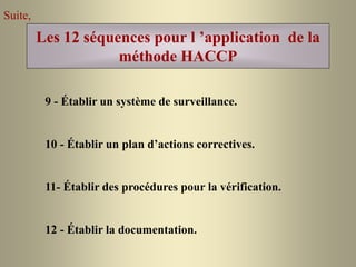 Les 12 séquences pour l ’application de la
méthode HACCP
9 - Établir un système de surveillance.
10 - Établir un plan d’actions correctives.
11- Établir des procédures pour la vérification.
12 - Établir la documentation.
Suite,
 