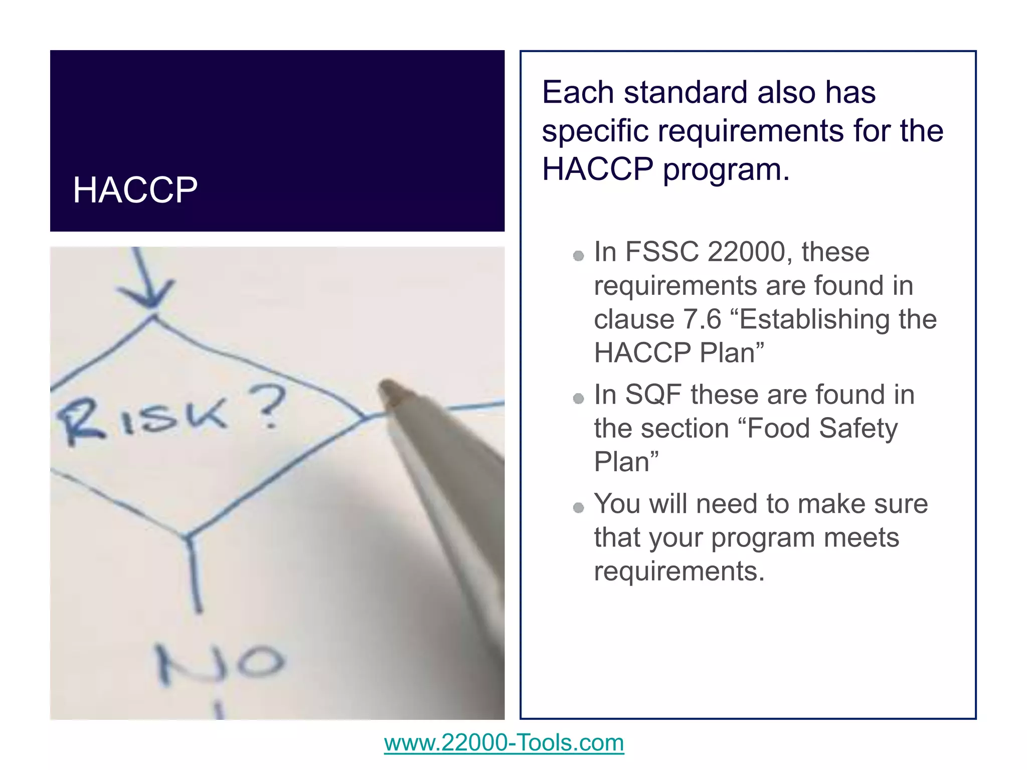 www.22000-Tools.com
Each standard also has
specific requirements for the
HACCP program.
In FSSC 22000, these
requirements are found in
clause 7.6 “Establishing the
HACCP Plan”
In SQF these are found in
the section “Food Safety
Plan”
You will need to make sure
that your program meets
requirements.
HACCP
 