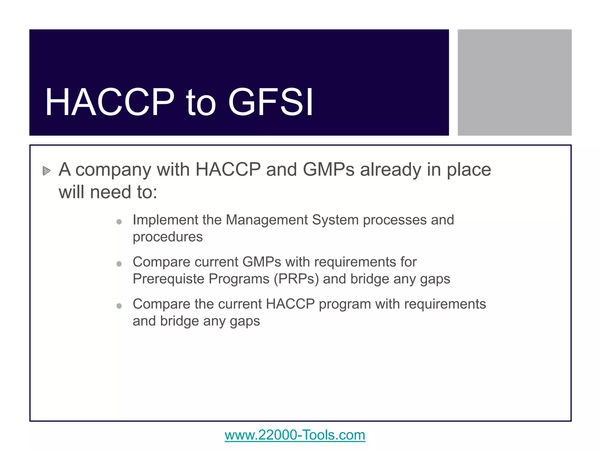www.22000-Tools.com
A company with HACCP and GMPs already in place
will need to:
Implement the Management System processes and
procedures
Compare current GMPs with requirements for
Prerequiste Programs (PRPs) and bridge any gaps
Compare the current HACCP program with requirements
and bridge any gaps
HACCP to GFSI
 