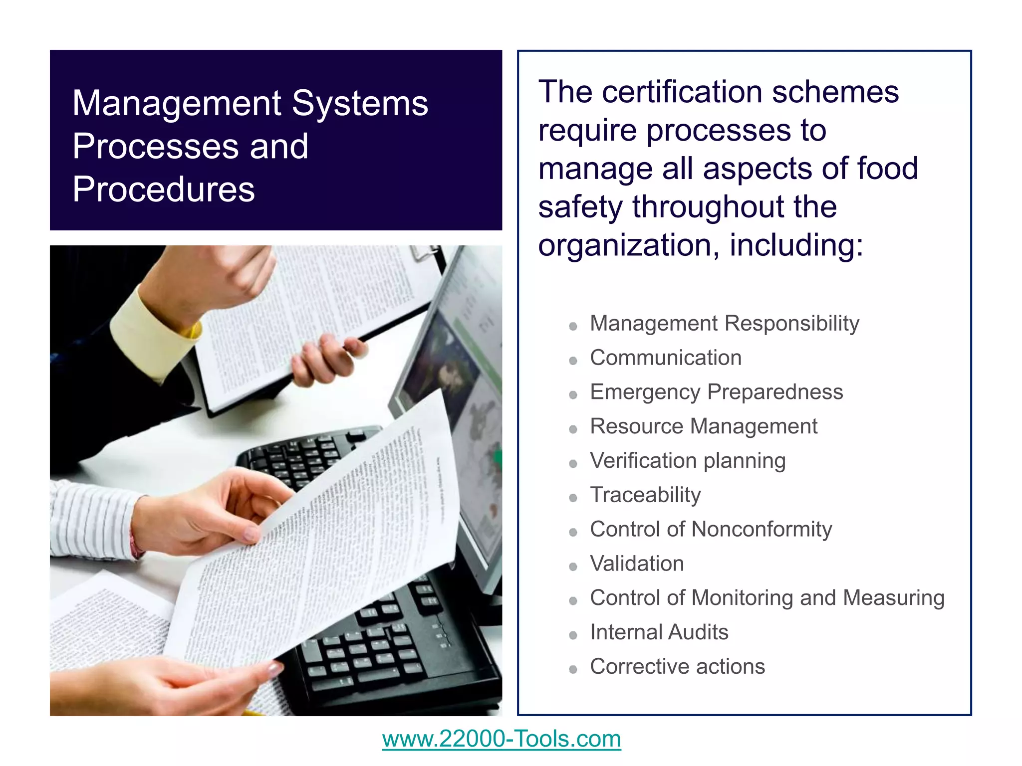 www.22000-Tools.com
The certification schemes
require processes to
manage all aspects of food
safety throughout the
organization, including:
Management Responsibility
Communication
Emergency Preparedness
Resource Management
Verification planning
Traceability
Control of Nonconformity
Validation
Control of Monitoring and Measuring
Internal Audits
Corrective actions
Management Systems
Processes and
Procedures
 