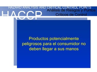 HAZARD ANALYSIS AND CRITICAL CONTROL POINTS
                    Análisis de Riesgos y Puntos

HACCP                    Críticos de Control




           Productos potencialmente
       peligrosos para el consumidor no
           deben llegar a sus manos
 