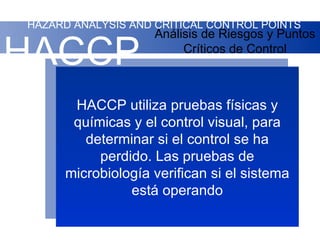 HAZARD ANALYSIS AND CRITICAL CONTROL POINTS
                    Análisis de Riesgos y Puntos

HACCP                    Críticos de Control



      HACCP utiliza pruebas físicas y
      químicas y el control visual, para
        determinar si el control se ha
          perdido. Las pruebas de
     microbiología verifican si el sistema
               está operando
 