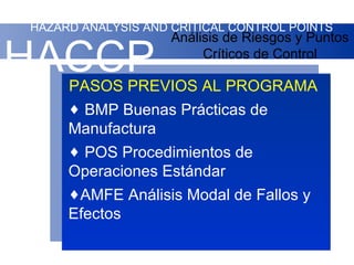 HAZARD ANALYSIS AND CRITICAL CONTROL POINTS
                    Análisis de Riesgos y Puntos

HACCP                    Críticos de Control

     PASOS PREVIOS AL PROGRAMA
     ♦ BMP Buenas Prácticas de
     Manufactura
     ♦ POS Procedimientos de
     Operaciones Estándar
     ♦AMFE Análisis Modal de Fallos y
     Efectos
 