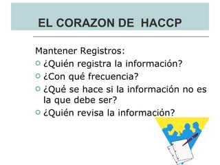 EL CORAZON DE HACCP

Mantener Registros:
 ¿Quién registra la información?

 ¿Con qué frecuencia?

 ¿Qué se hace si la información no es
  la que debe ser?
 ¿Quién revisa la información?
 