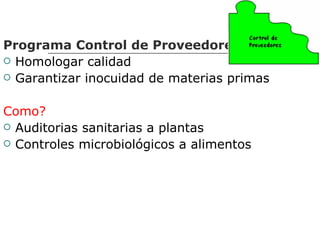 Programa Control de Proveedores
 Homologar calidad
 Garantizar inocuidad de materias primas



Como?
 Auditorias sanitarias a plantas
 Controles microbiológicos a alimentos
 