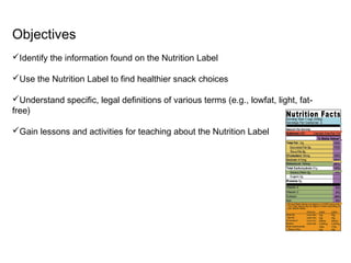 Objectives 
Identify the information found on the Nutrition Label 
Use the Nutrition Label to find healthier snack choices 
Understand specific, legal definitions of various terms (e.g., lowfat, light, fat-free) 
Gain lessons and activities for teaching about the Nutrition Label 
 
