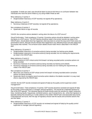 PrimusGFS HACCP (Module 3) Guidelines
Page 23 of 25
acceptable. If initials are used, care should be taken to ensure that there is no confusion between two
individuals who have the same initials e.g. by using middle initials as well.
Minor deficiency (7 points) if:
• Single/isolated instance(s) of CCP record(s) not signed off by operator(s).
Major deficiency (3 point) if:
• Numerous instances of CCP record(s) not signed off by operator(s).
Non-compliance (0 points) if:
• Systematic failure to sign off records.
3.04.05: Are corrective actions detailed in writing when the failure of a CCP occurs?
Visual Confirmation. Total compliance (15 points): Corrective actions should be detailed in writing when
the failure of a CCP occurs. The CCP failures should be noted in the correct records (as noted in the
HACCP plan), should detail what has happened, what was done to correct the issue and if there were any
preventative actions. Records should indicate what happened to any affected product and also detail how
the process was rectified. The corrective action details should match what is described in the HACCP
plan.
Minor deficiency (10 points) if:
• Single/isolated instance(s) of corrective action(s) being recorded, but lacking some details.
• Single/isolated instance(s) of corrective action(s) being recorded, but not meeting the requirements
as noted in the HACCP plan.
Major deficiency (5 point) if:
• Single instance of CCP critical control limit breach not being recorded and/or corrective actions not
being recorded.
• Numerous instances of corrective action(s) being recorded, but lacking some details.
• Numerous instances of corrective action(s) being recorded, but not meeting the requirements as
noted in the HACCP plan.
Non-compliance (0 points) if:
• More than one instance of CCP critical control limit breach not being recorded and/or corrective
actions not being recorded.
• Systematic failure to properly record corrective action details or the details recorded in no way meet
what is required by the HACCP plan.
3.04.06: Are the CCP records reviewed and signed off daily by the quality control supervisor and/or
management?
Visual Confirmation. Total compliance (10 points): CCP records should be reviewed and signed off daily
by the quality control supervisor or manager (second signatory). This should be a separate signature to
that of the CCP operator. The individual signing off these should check the records e.g. dates, production
lines, monitoring results, frequencies, corrective actions, use of correct forms, etc., since their signature is
basically stating that everything is in order relative to the written HACCP plan and associated documents.
If discrepancies are found, then the sign off signatory should note the issues and corrective actions that
are then taken.
Minor deficiency (7 points) if:
• Single/isolated instance(s) of CCP records not reviewed and signed off daily by the quality control
supervisor or manager (second signatory).
 