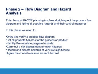 Phase 2 – Flow Diagram and Hazard
Analysis
This phase of HACCP planning involves sketching out the process flow
diagram and listing all possible hazards and their control measures.
In this phase we need to:
•Draw and verify a process flow diagram.
•List all possible hazards for the process or product.
•Identify Pre-requisite program hazards.
•Carry out a risk assessment for each hazards
•Record and discard hazards of very low significance
•Agree the control measure for each hazard
 