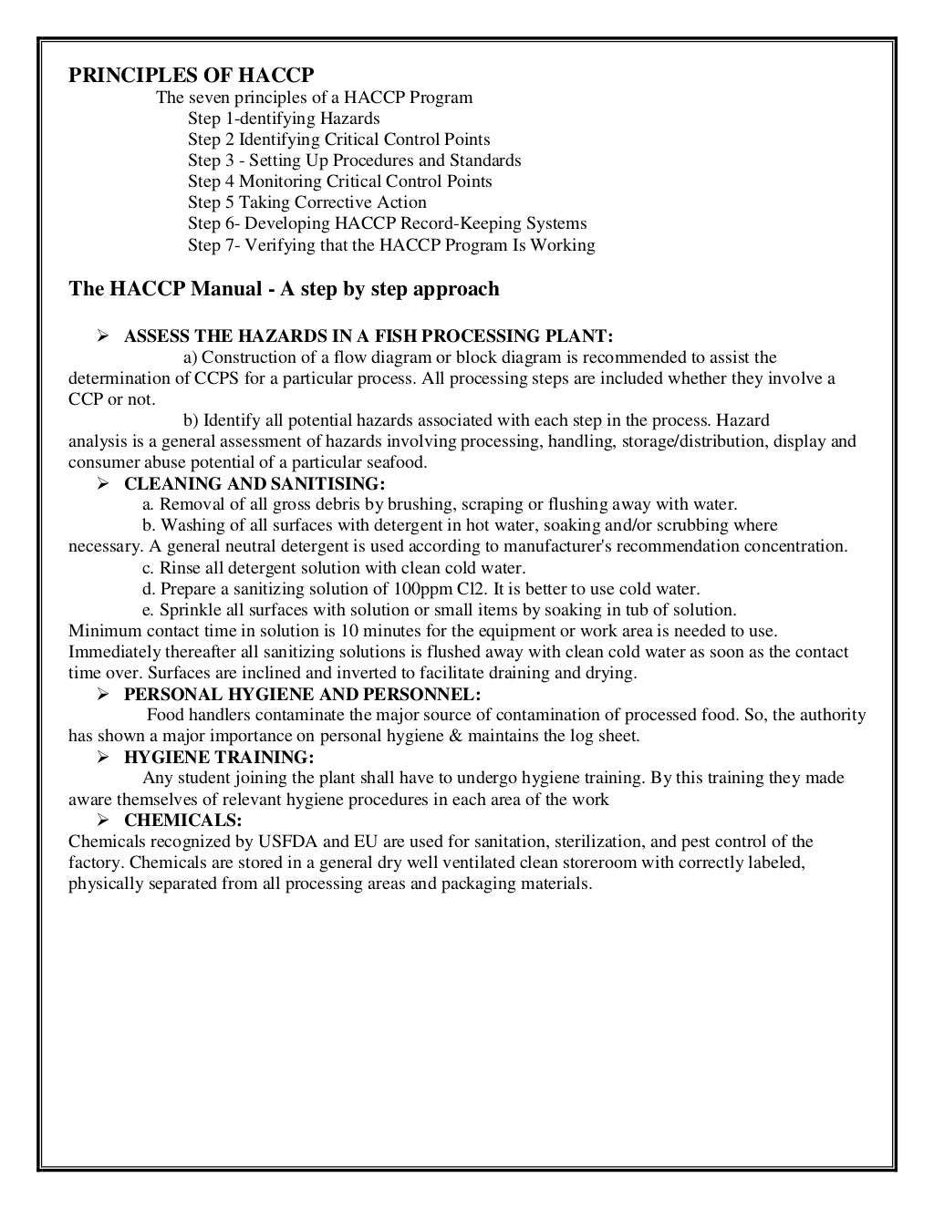HACCP protocol for various Fish products